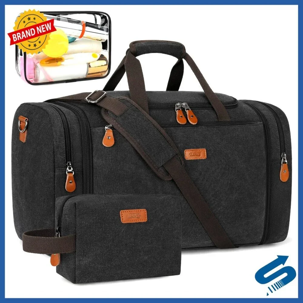 Expandable Canvas Duffle Bag Travel Weekender Carry On Luggage with Toiletry Bag